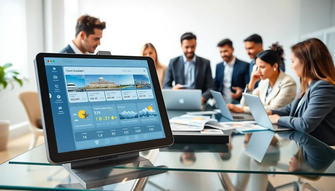 professionals using digital tools to plan travel itineraries in a modern office.